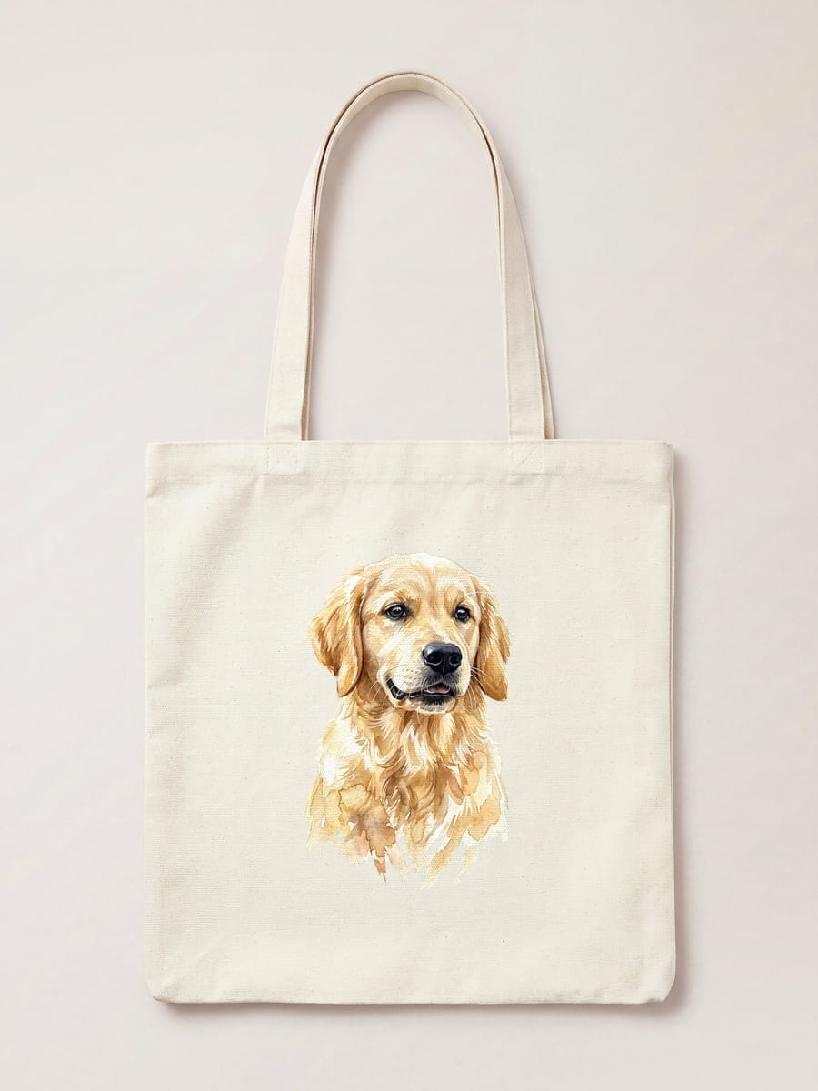 A watercolour portrait of a golden retriever printed on a natural cotton tote bag