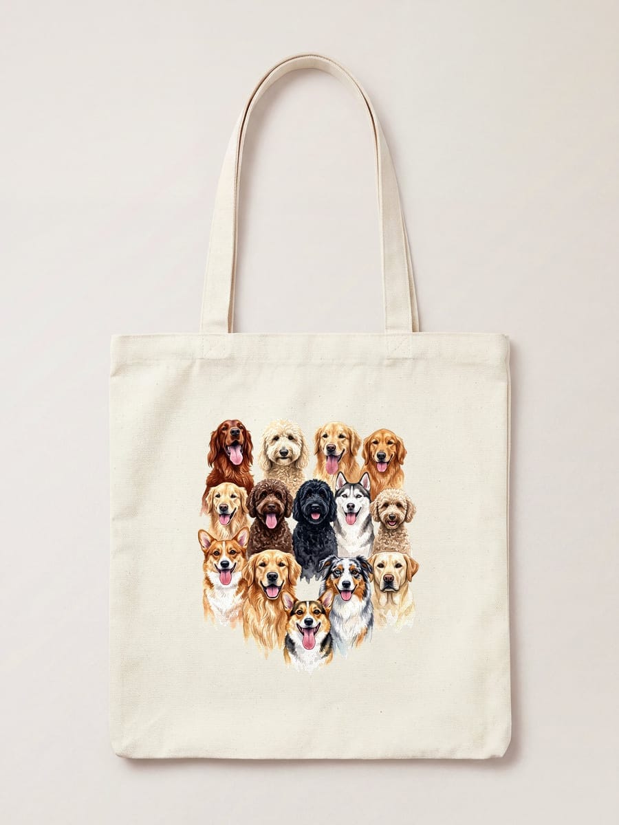 A watercolour print of fifteen dogs of different breeds together on a natural cotton tote bag