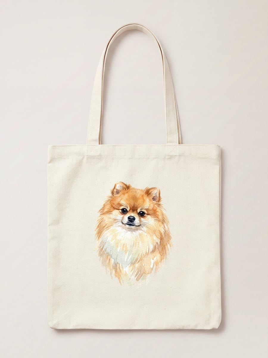 A watercolour portrait of a cream pomeranian printed on a natural cotton tote bag