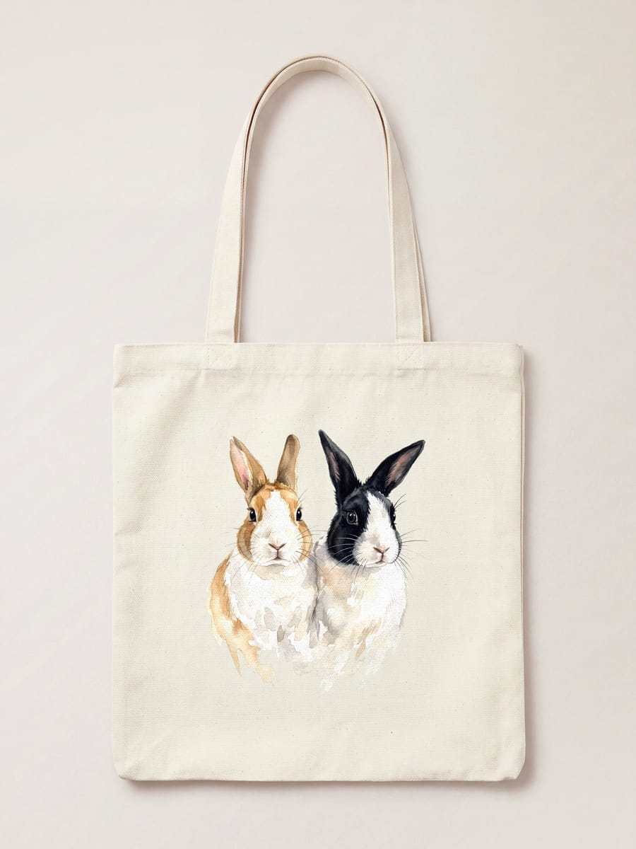 A watercolour portrait of two rabbits, one ginger and white and one black and white, printed on a natural cotton tote bag