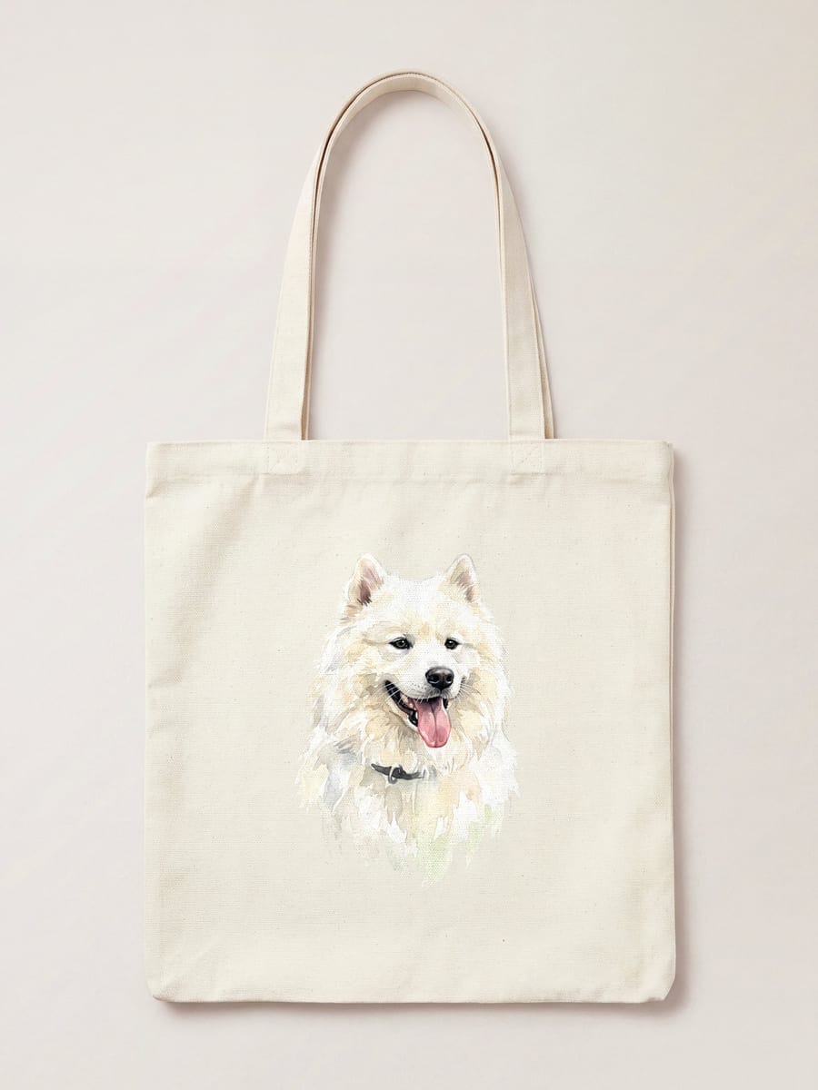A watercolour portrait of a white samoyed printed on a natural cotton tote bag