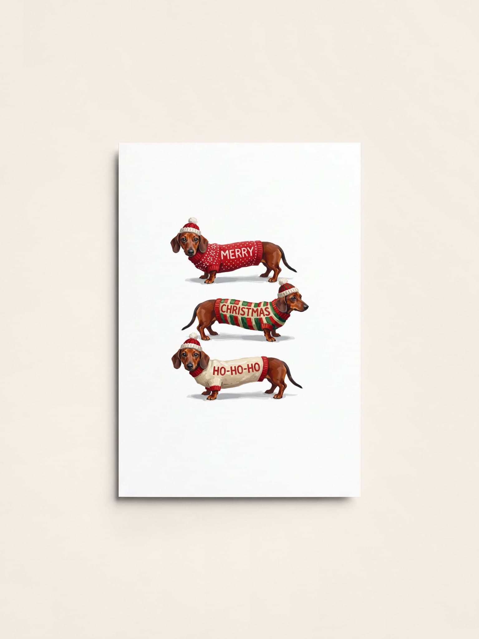 A Christmas card of a red dachshund three times, in knitted jumpers that read Merry, Christmas and Ho-ho-ho