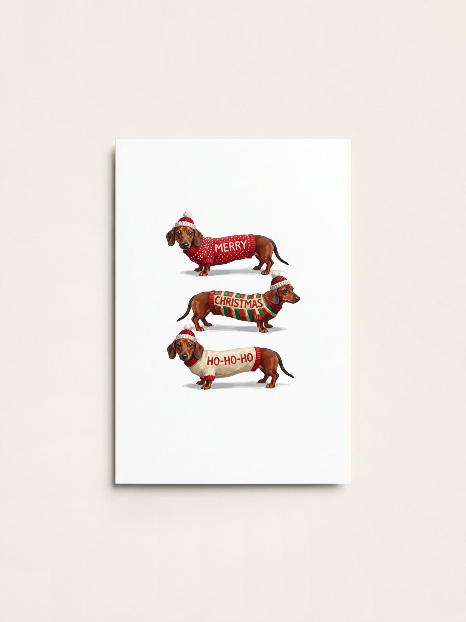 A Christmas card of a red dachshund three times, in knitted jumpers that read Merry, Christmas and Ho-ho-ho