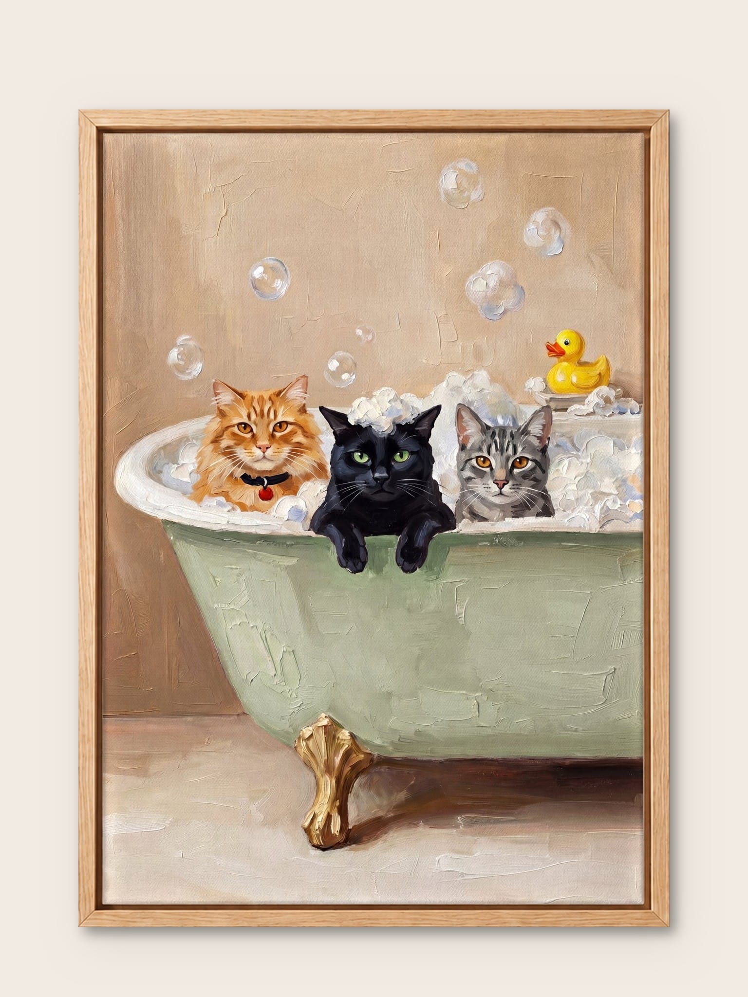 Framed portrait of a ginger, a black and a grey tabby cat in a sage bubble bath