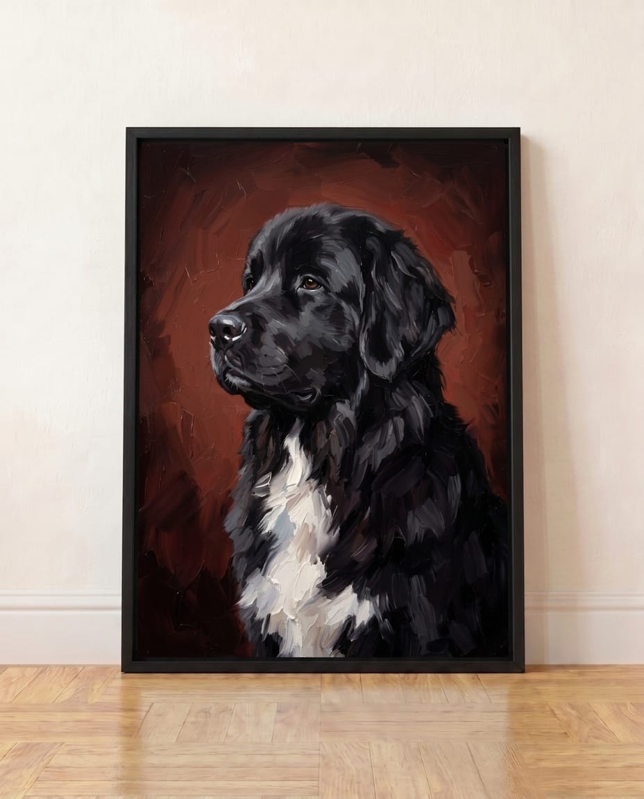 A black Newfoundland painted on an oxblood background, in a black frame leaning against a wall