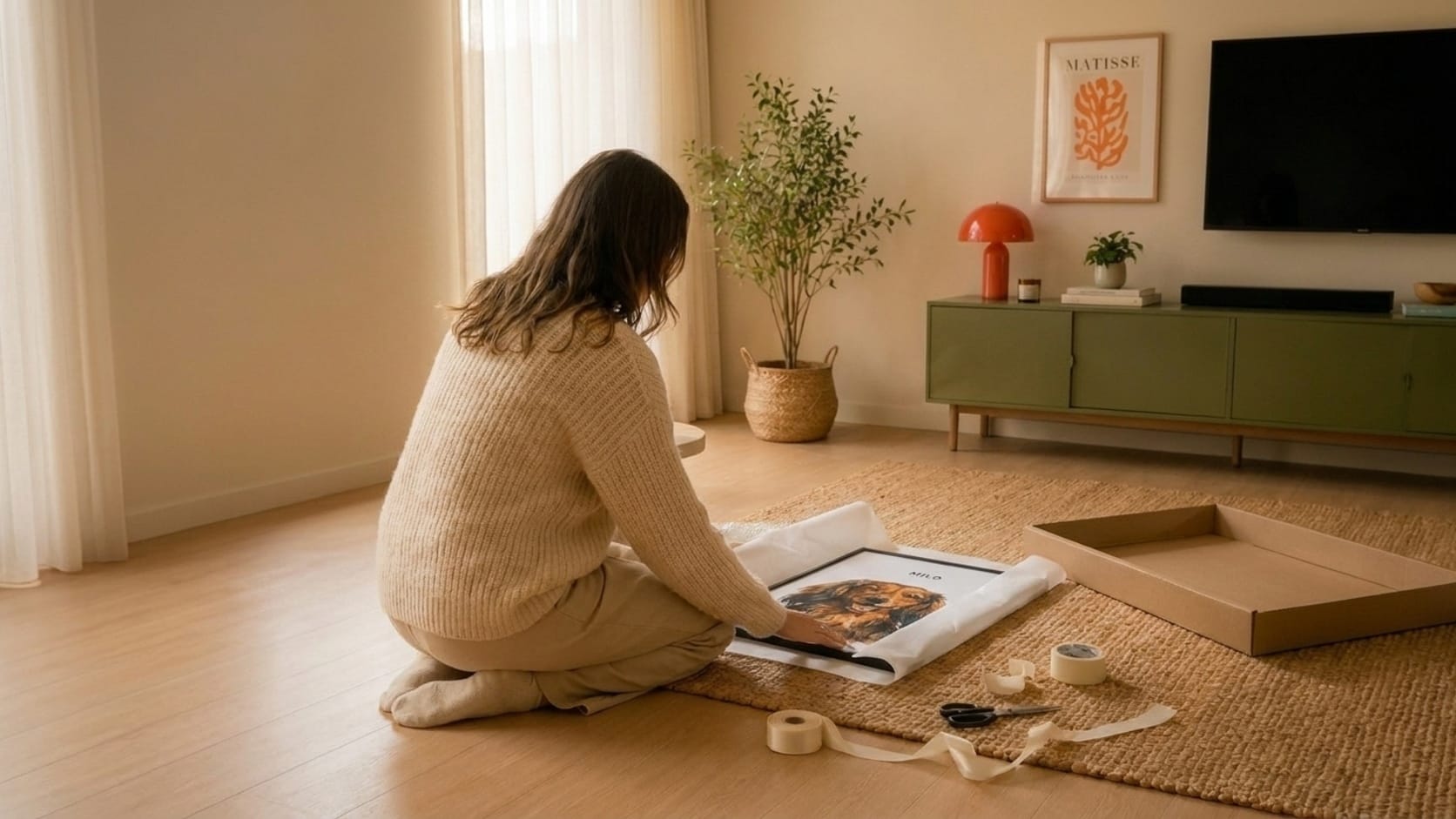 Wrapping the framed MILO portrait in tissue paper on the living room rug, gift box open beside