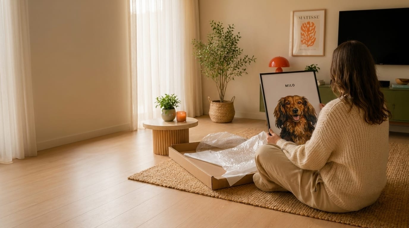 A framed pet portrait being unwrapped, propped against a living room wall