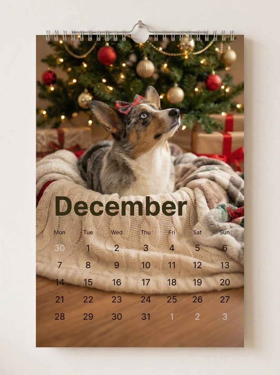 Spiral-bound pet calendar hanging on a wall, showing the December page with a corgi by the Christmas tree