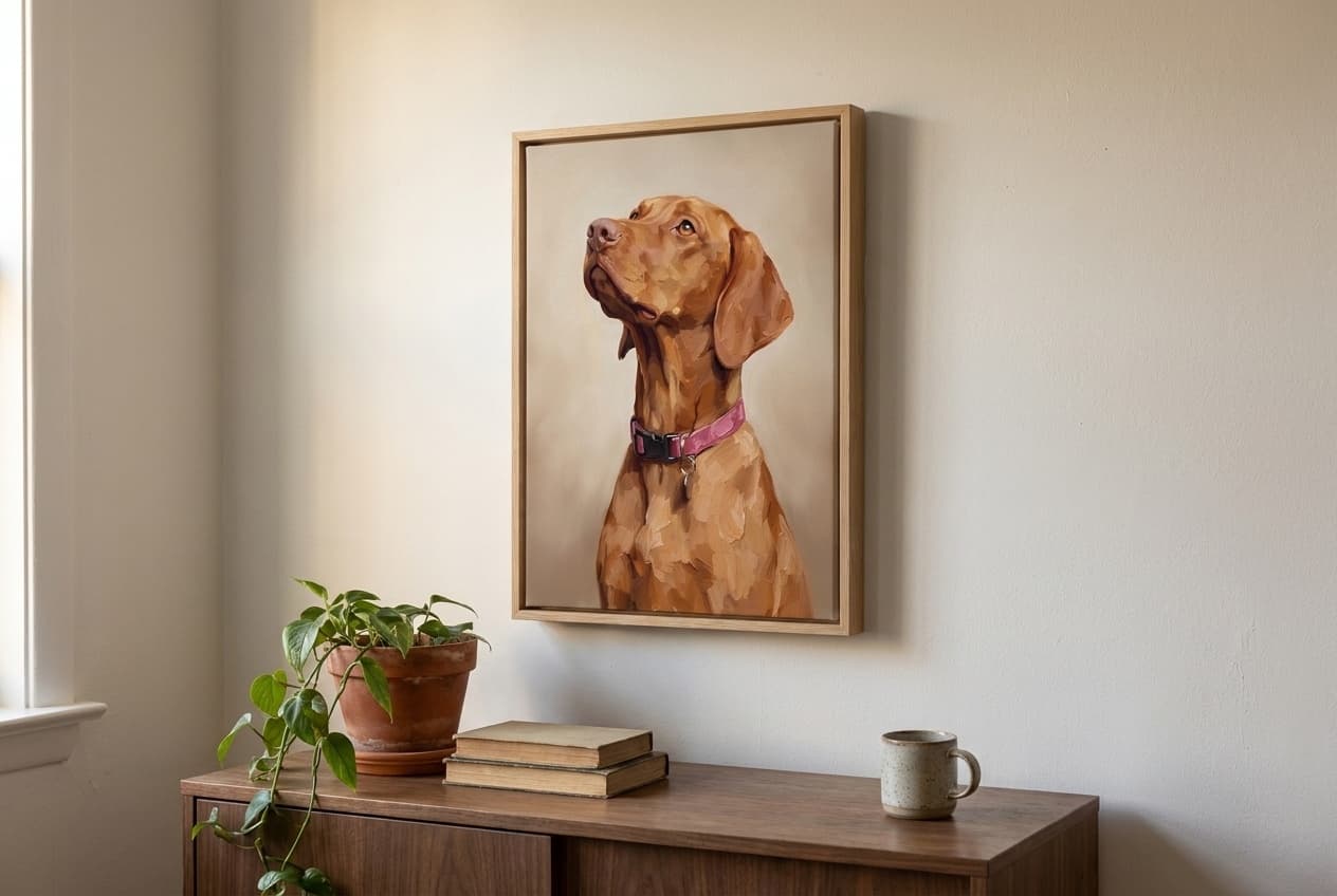 A painted portrait of a ginger Vizsla on canvas in a natural wood float frame, hanging above a walnut sideboard in a living room with a trailing plant, a stack of books and a mug beneath it