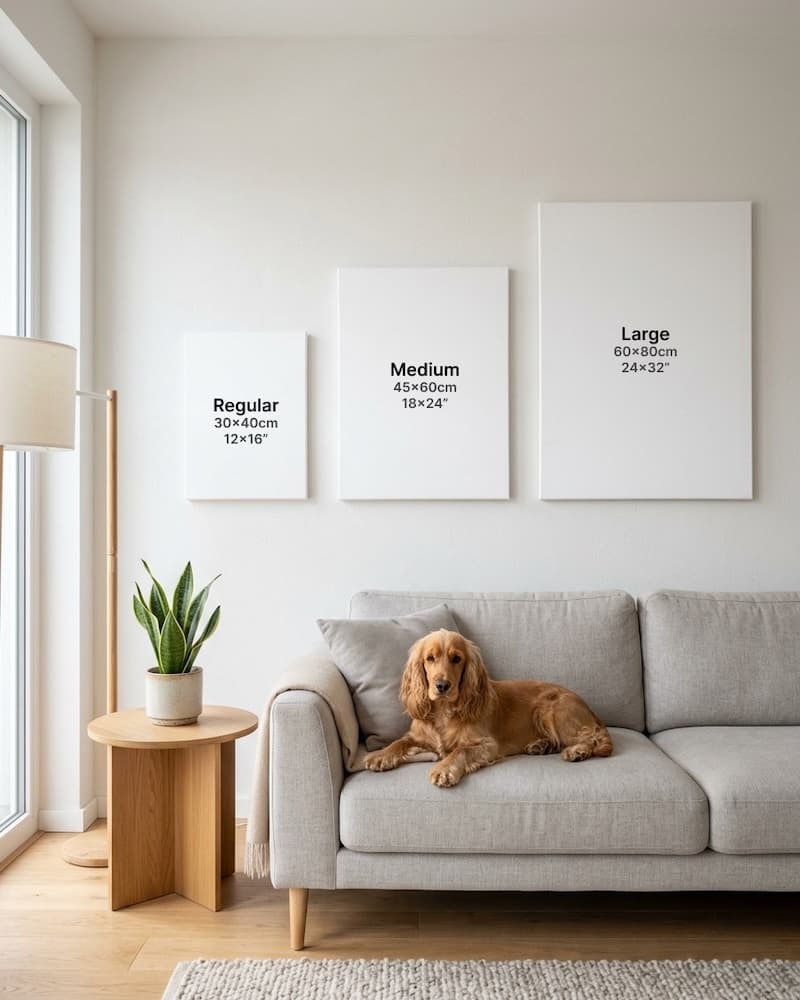 The three canvas sizes hung side by side above a sofa in a bright living room