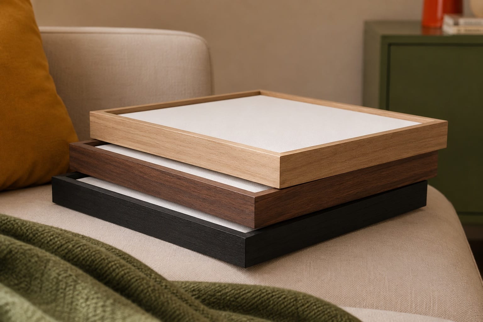 Three framed pet portraits stacked, in natural wood, walnut, and black frames
