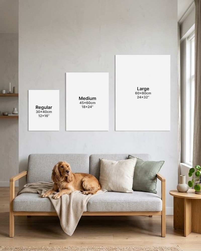 The three paper print sizes hung side by side above a sofa, with a cocker spaniel lying on it