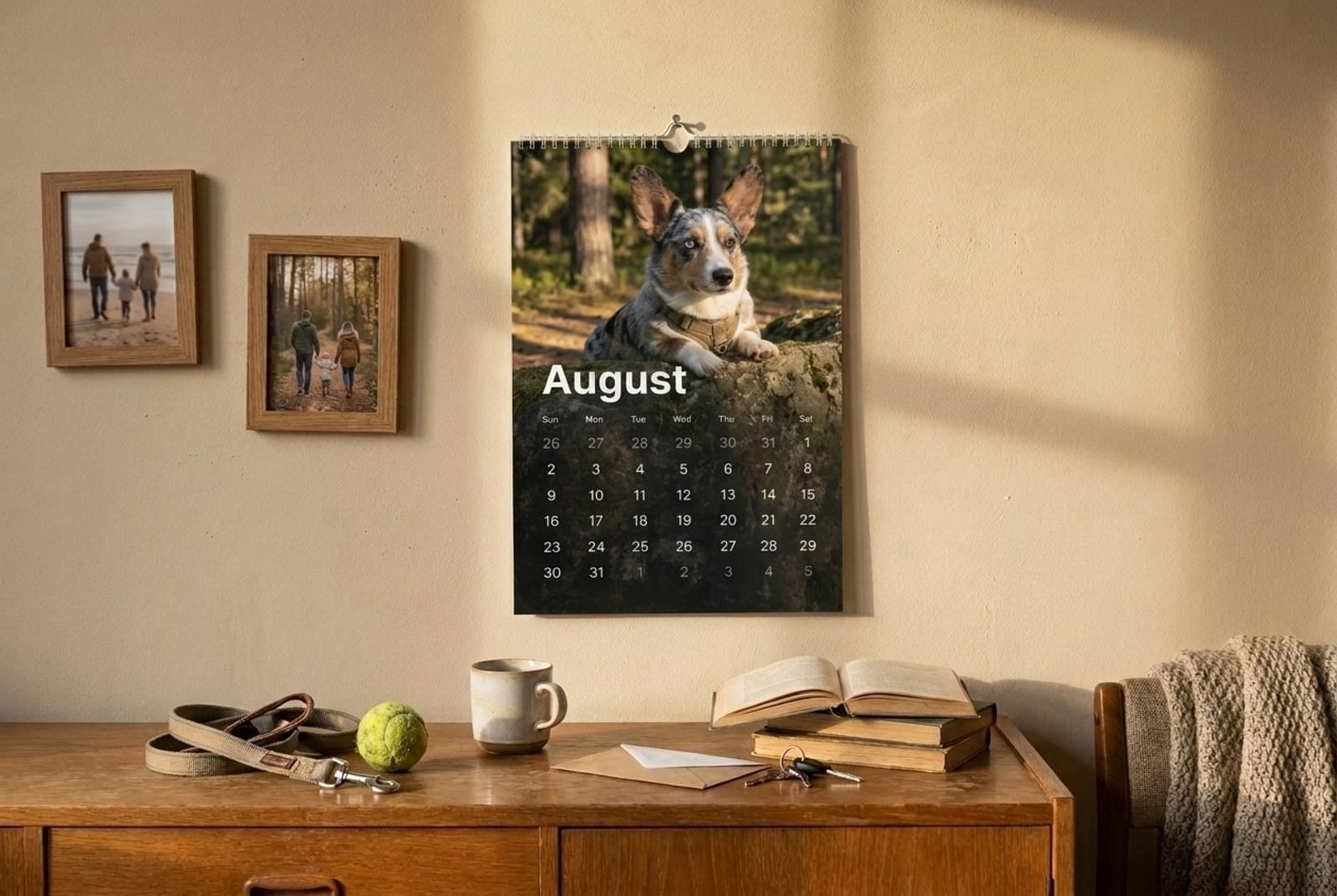 A custom pet calendar hanging on a wall