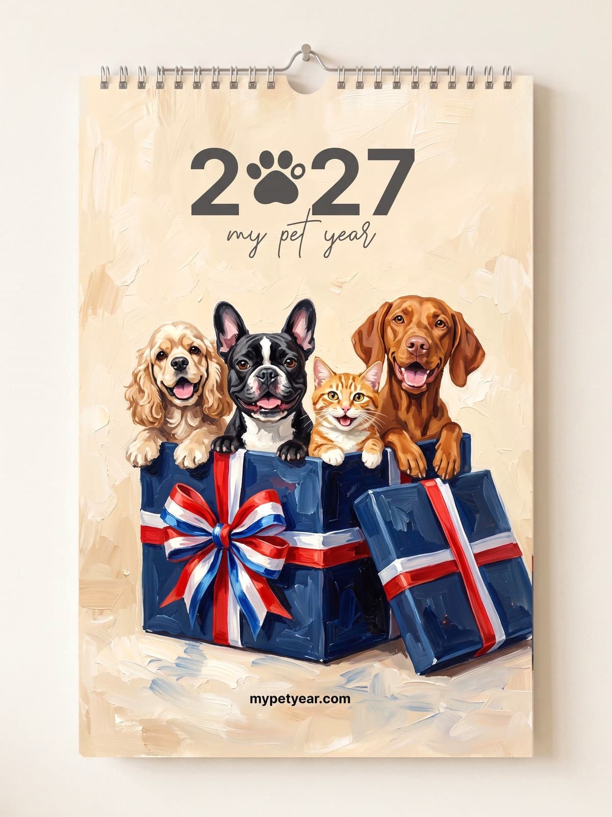 Painted Pet Calendar on a wall, cover with three dogs and a cat together in one gift box