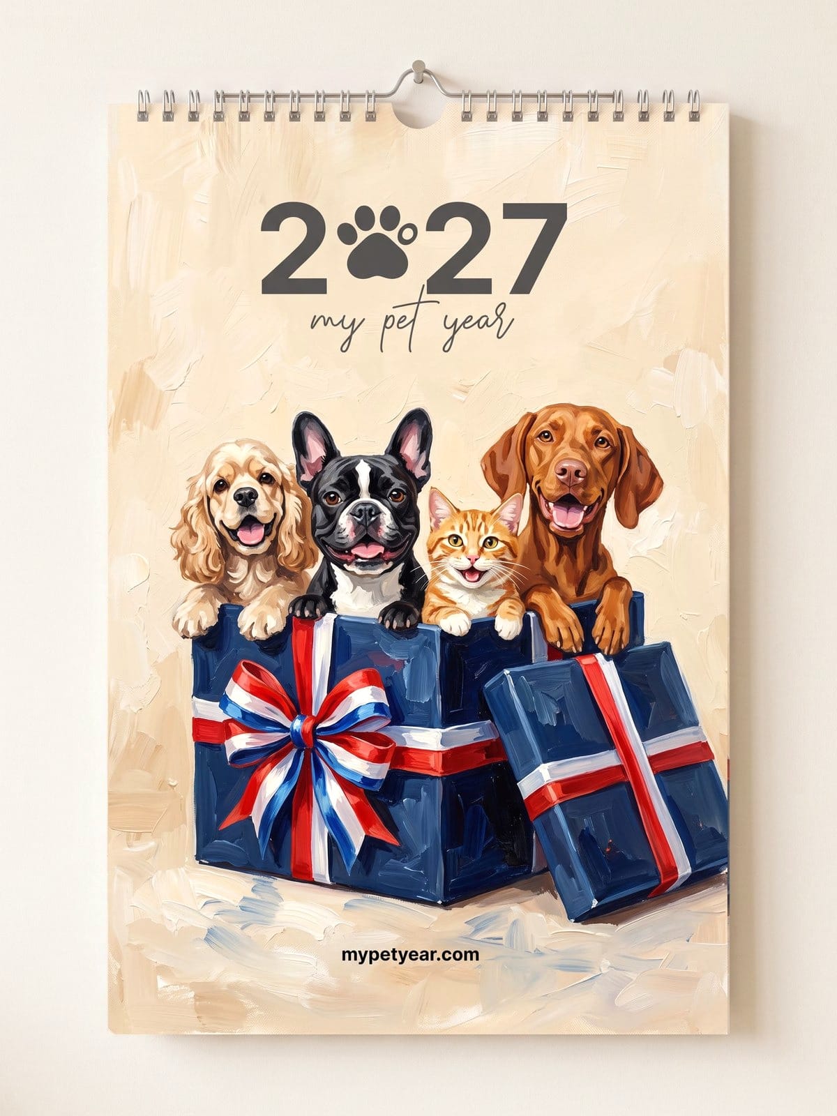Painted Pet Calendar on a wall, cover with three dogs and a cat together in one gift box
