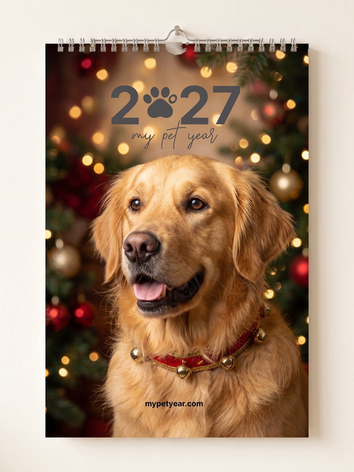 Pet Calendar on a wall, cover with a golden retriever