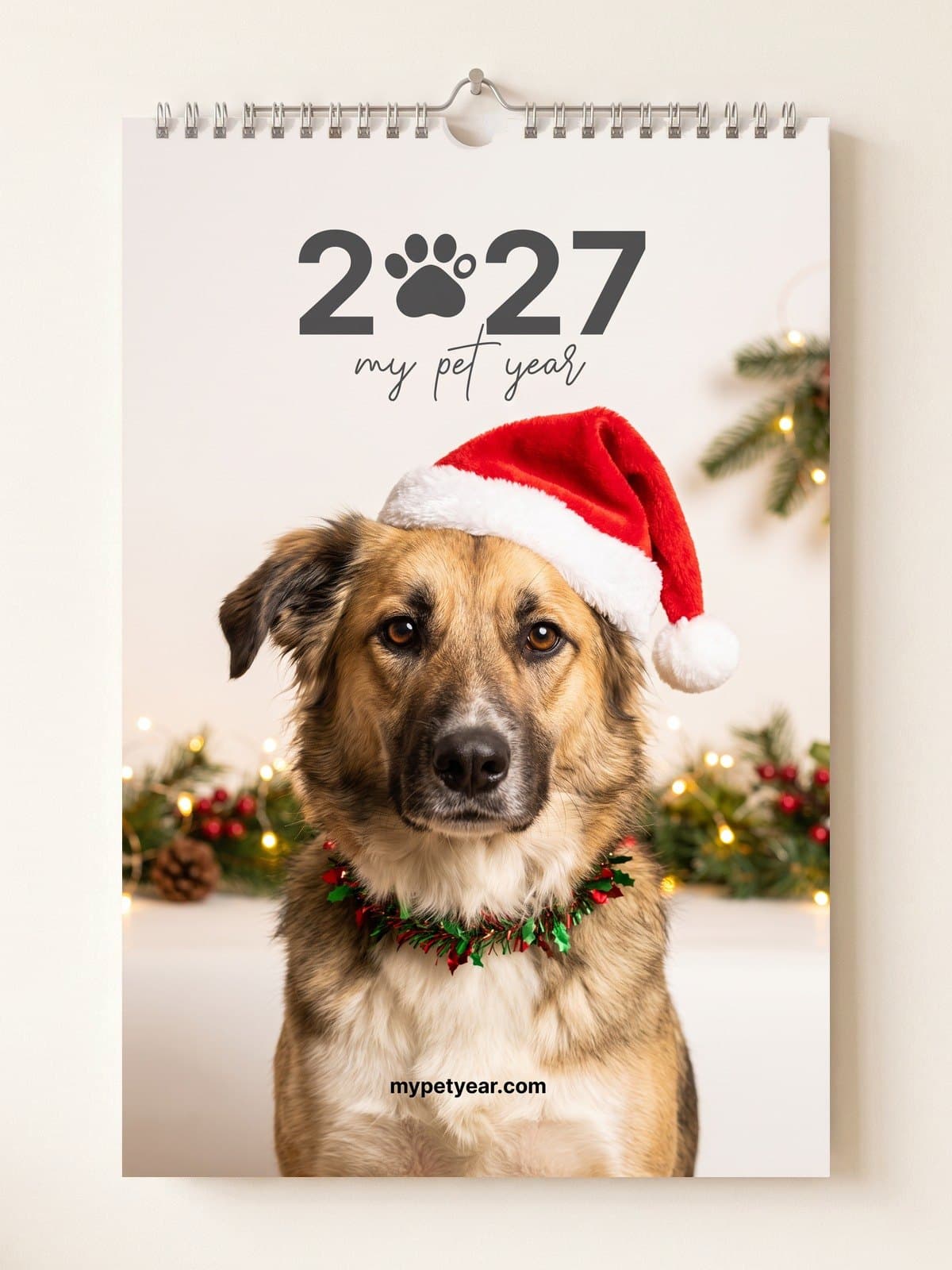 Pet Calendar on a wall, cover with a shepherd mix