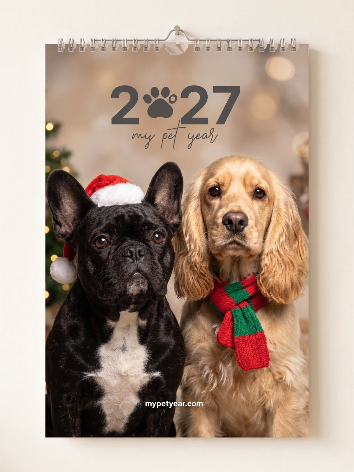 Pet Calendar on a wall, cover with a French bulldog and a cocker spaniel
