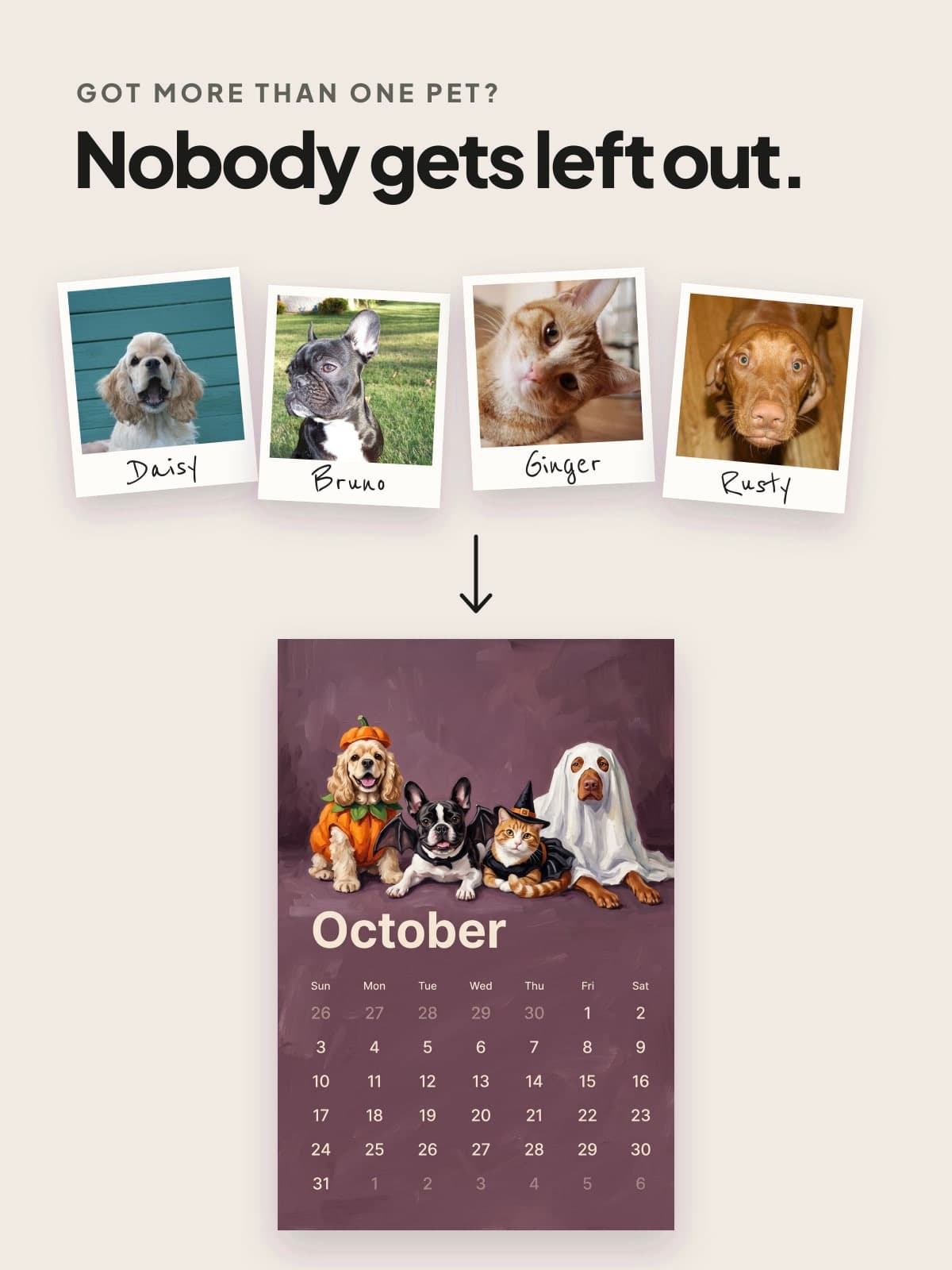 Photos of four pets above the painted October page with all four of them on it