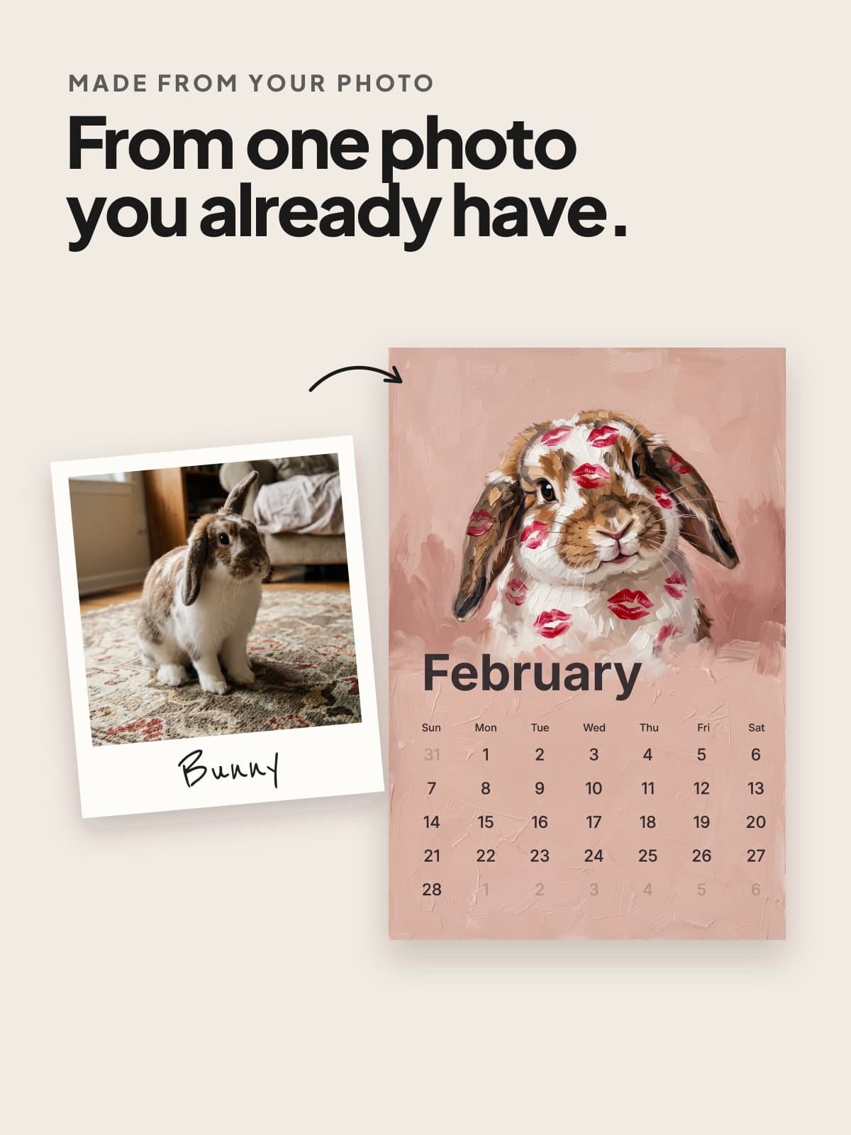 A photo of a rabbit beside the painted calendar page made from it