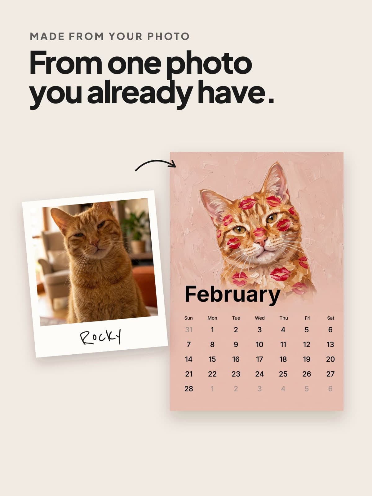 A photo of a ginger cat beside the painted calendar page made from it