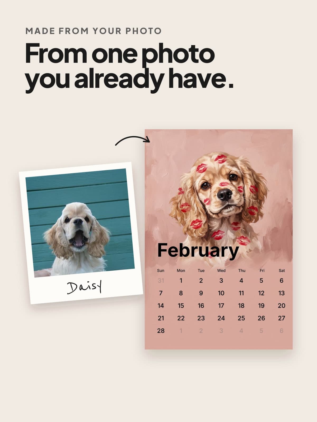 A photo of a cocker spaniel beside the painted calendar page made from it