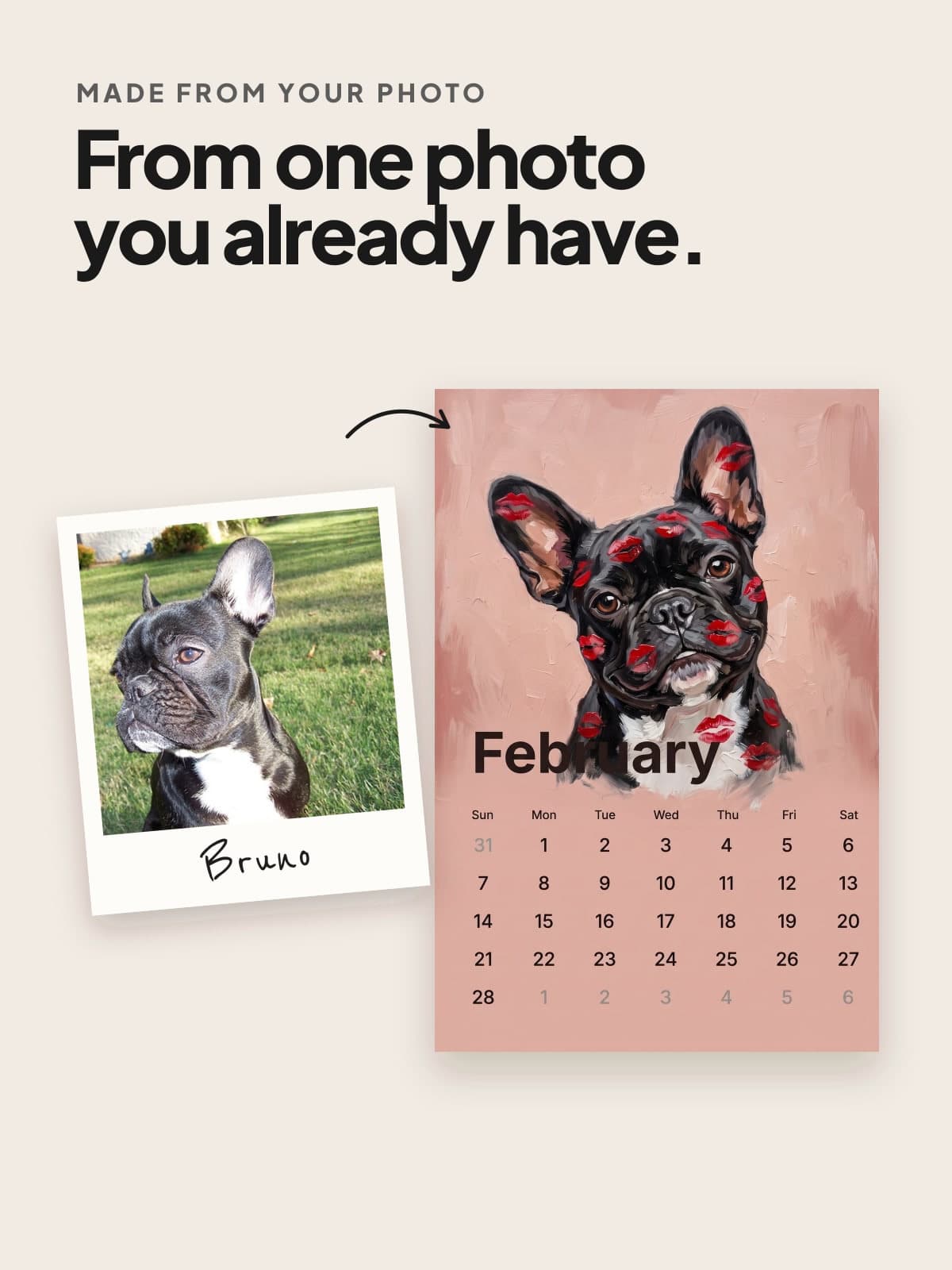 A photo of a French bulldog beside the painted calendar page made from it