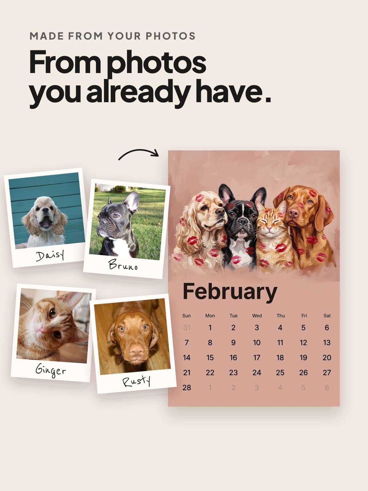 A photo of three dogs and a cat beside the painted calendar page made from it