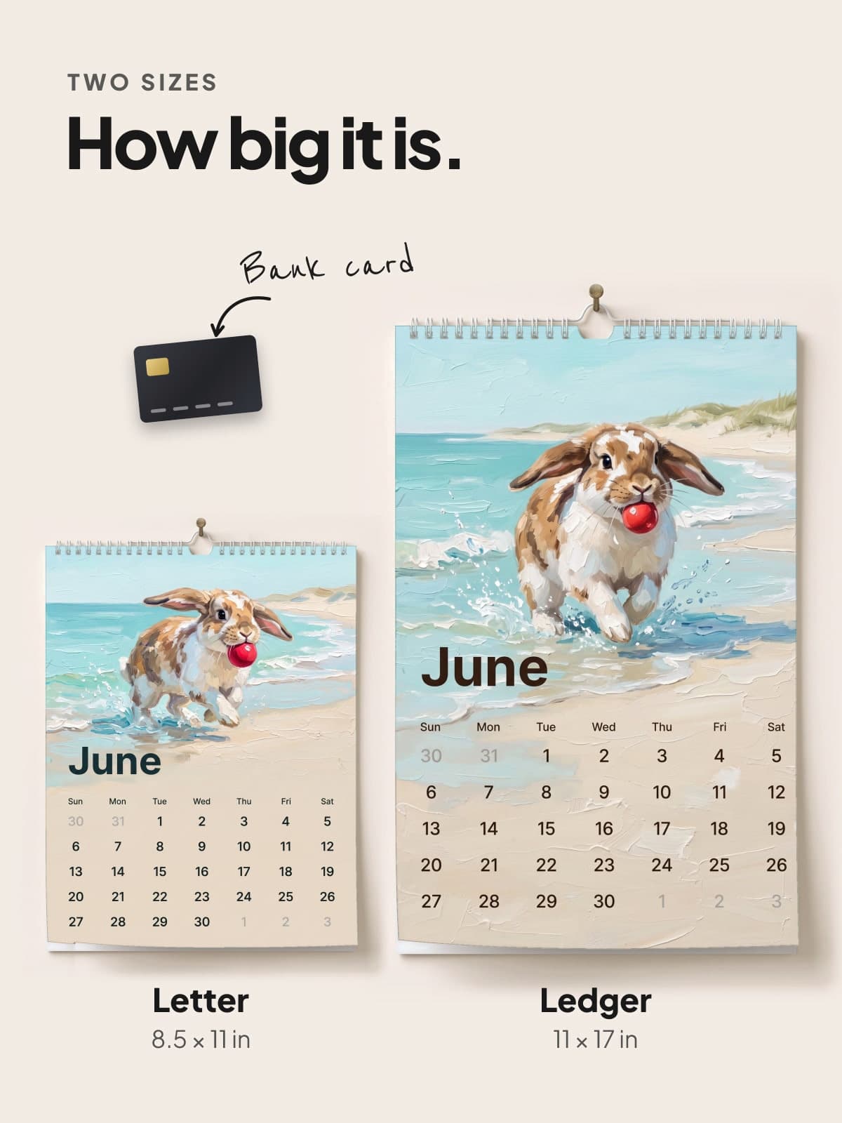 The Letter and Ledger painted calendars side by side, to scale with a bank card