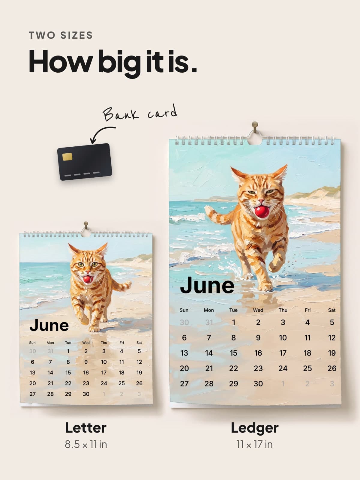 The Letter and Ledger painted calendars side by side, to scale with a bank card
