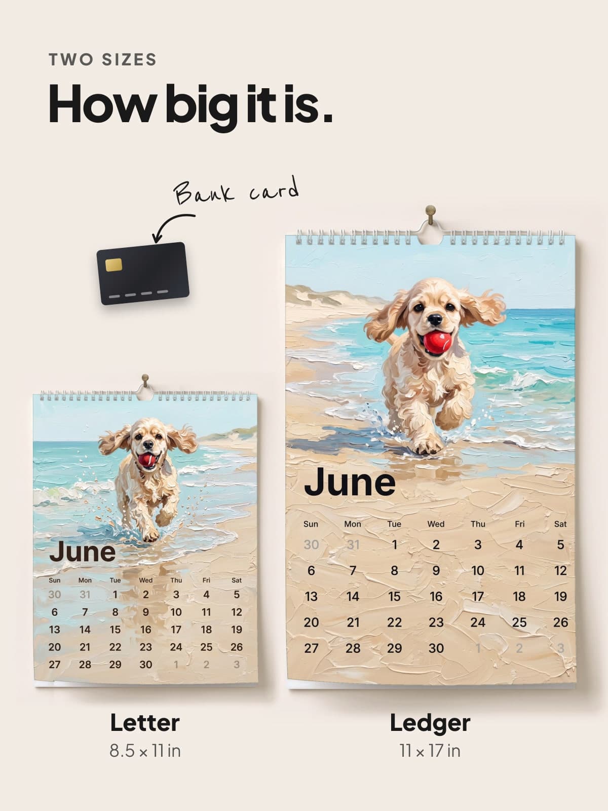 The Letter and Ledger painted calendars side by side, to scale with a bank card