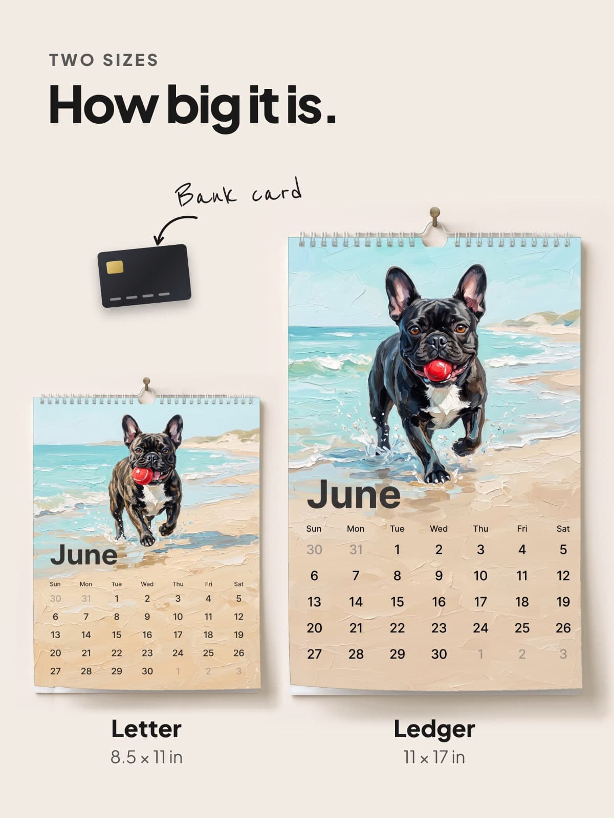 The Letter and Ledger painted calendars side by side, to scale with a bank card