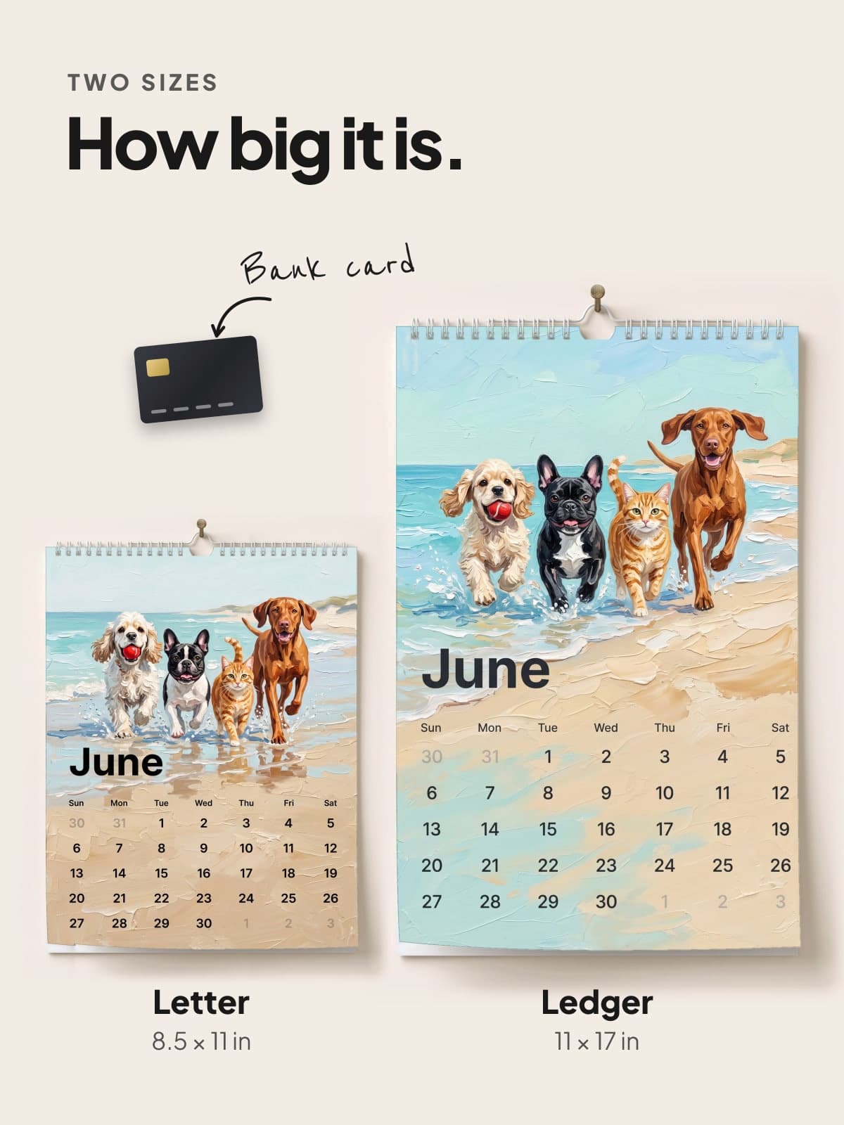 The Letter and Ledger painted calendars side by side, to scale with a bank card