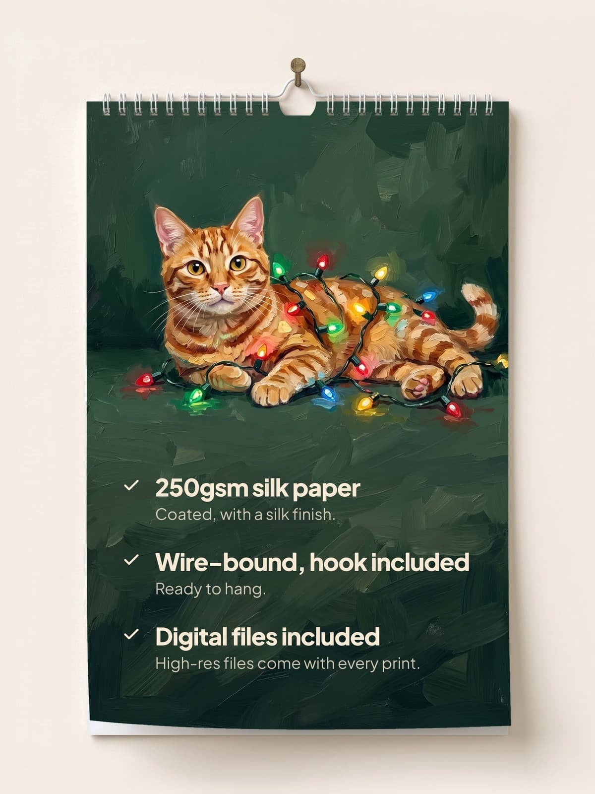 The painted calendar hanging on a wall: 250gsm silk paper, wire-bound with a hook, digital files included