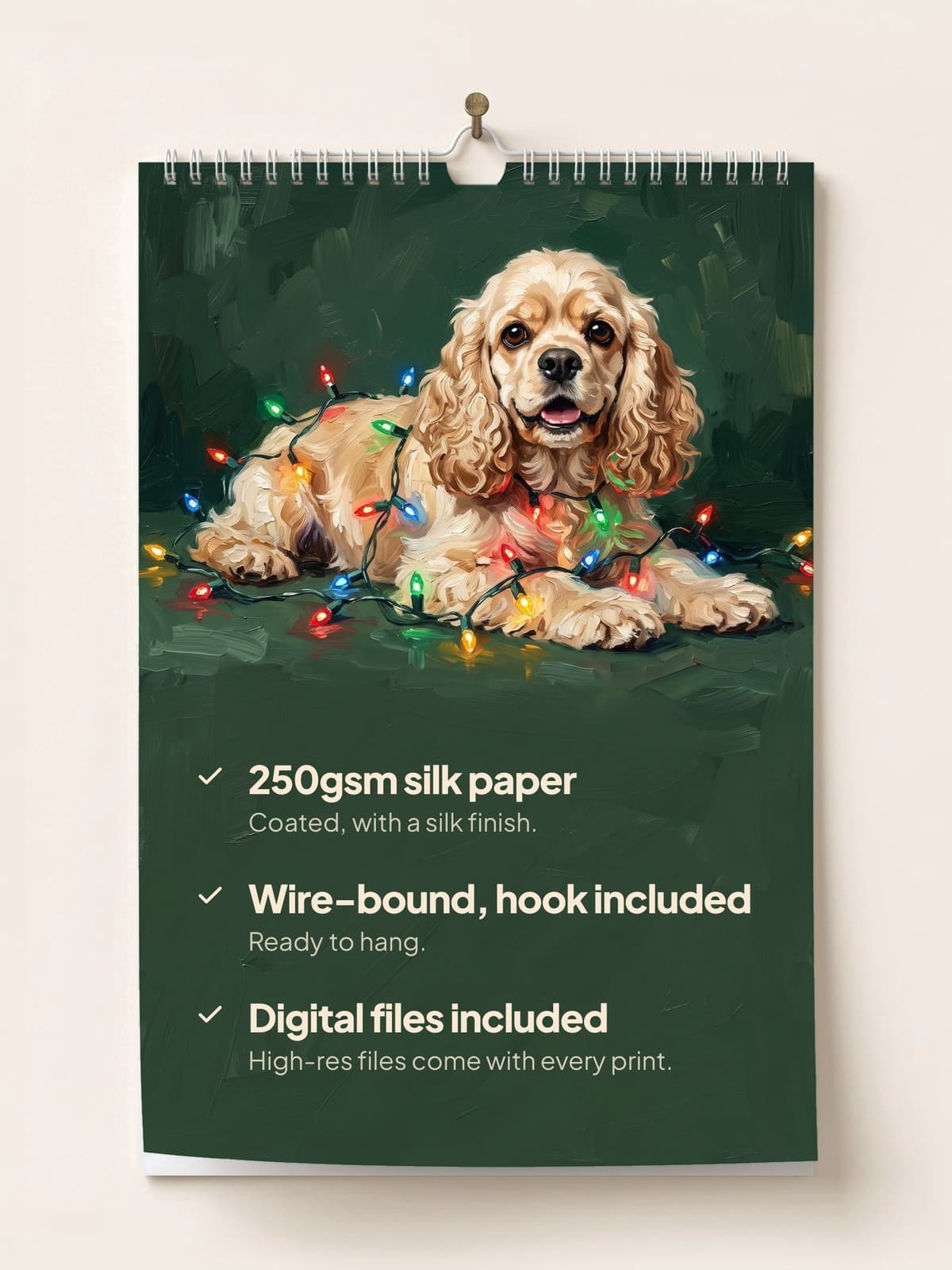 The painted calendar hanging on a wall: 250gsm silk paper, wire-bound with a hook, digital files included