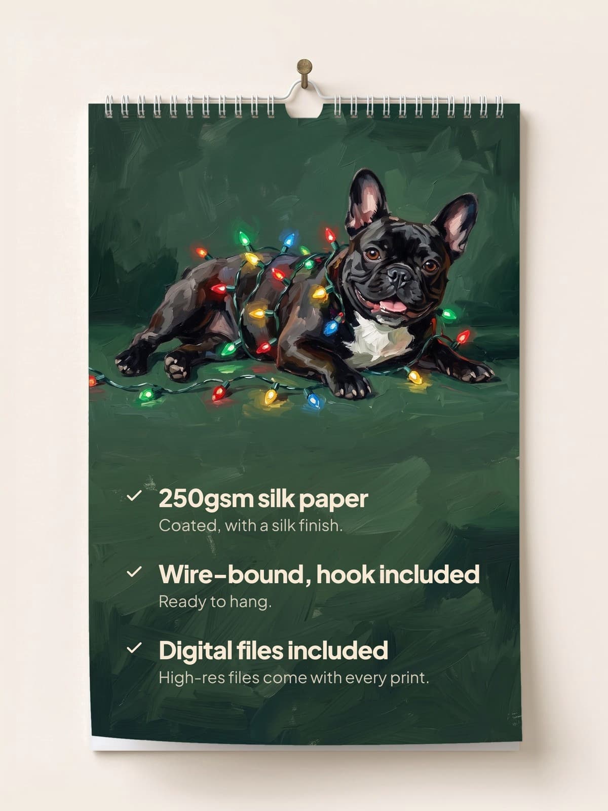 The painted calendar hanging on a wall: 250gsm silk paper, wire-bound with a hook, digital files included