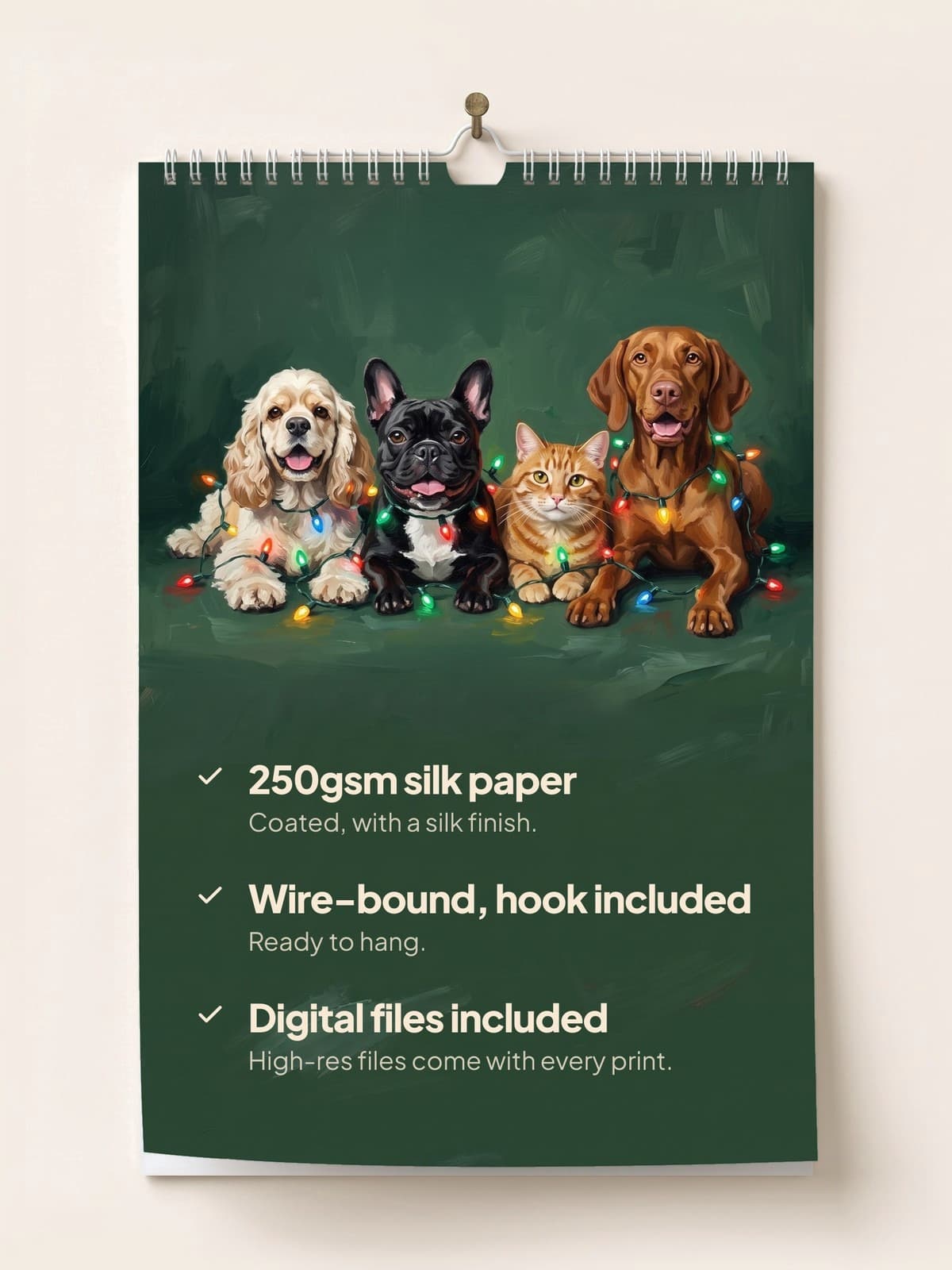 The painted calendar hanging on a wall: 250gsm silk paper, wire-bound with a hook, digital files included