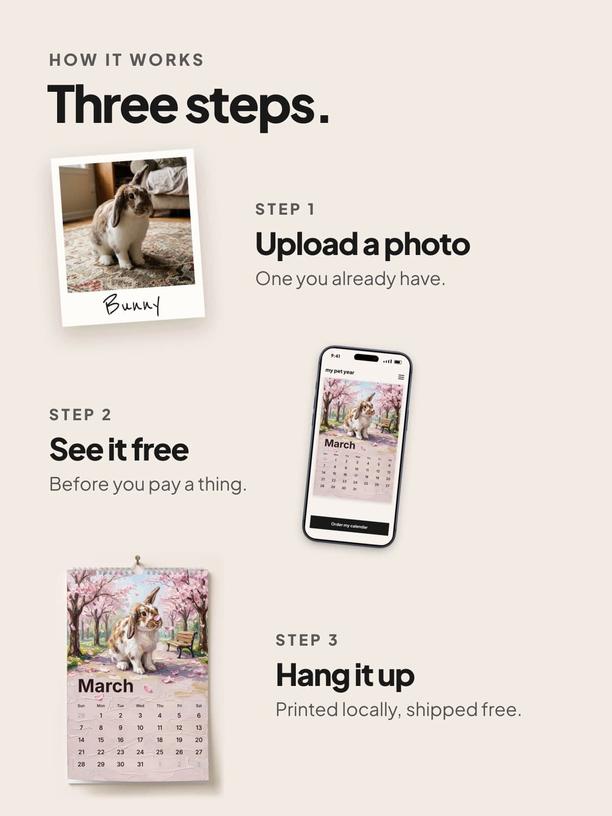 How it works: a photo of a rabbit, the free preview on a phone, and the painted calendar hanging up