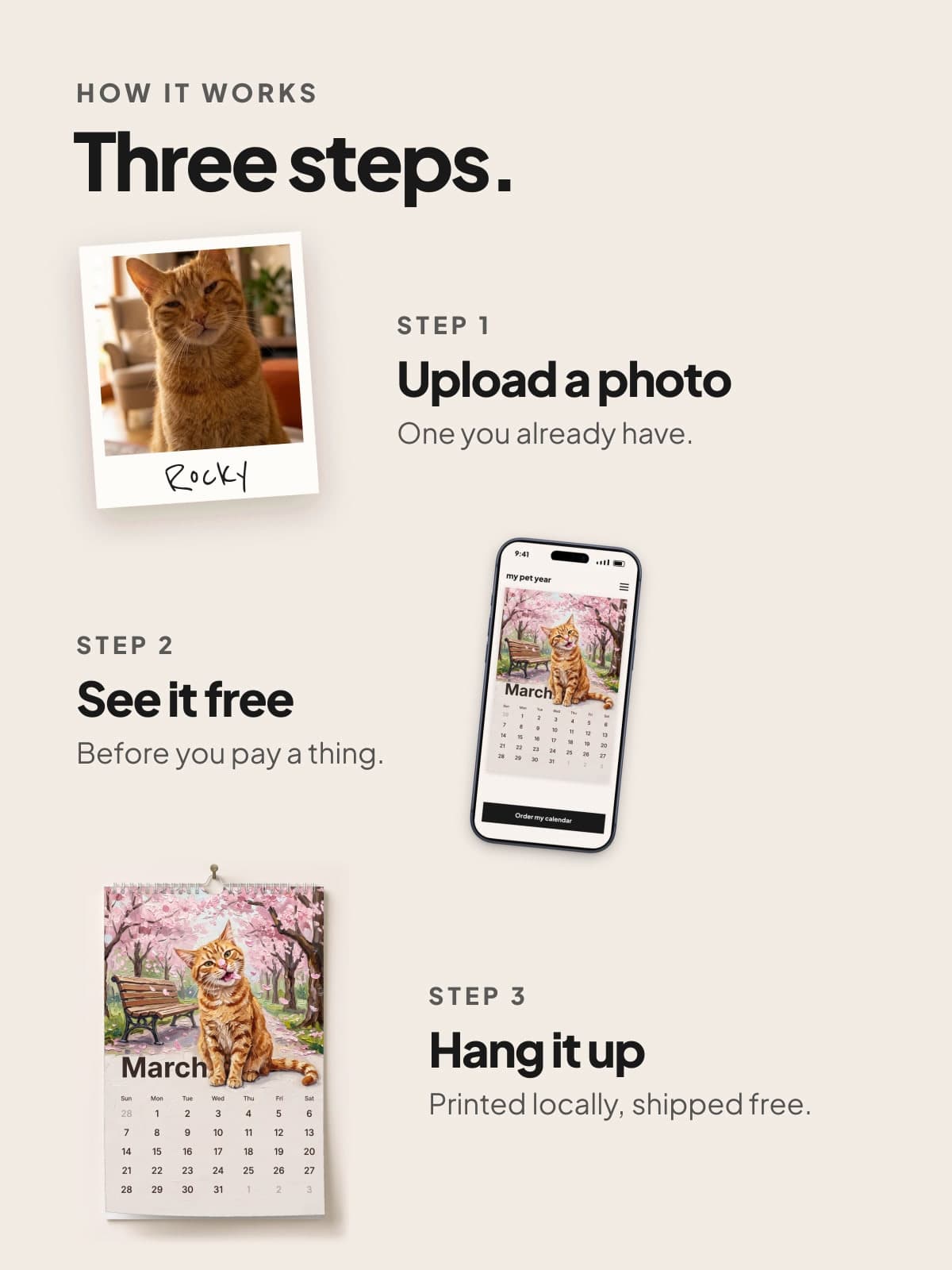 How it works: a photo of a ginger cat, the free preview on a phone, and the painted calendar hanging up