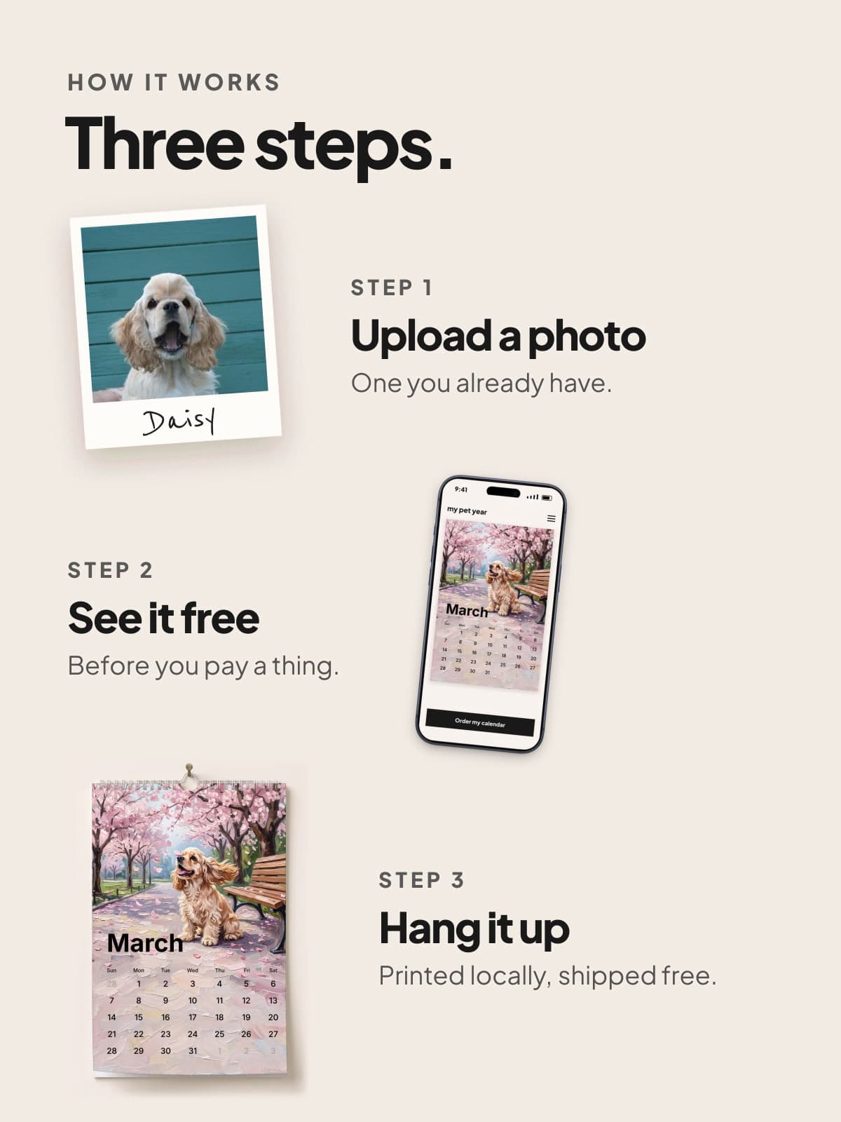 How it works: a photo of a cocker spaniel, the free preview on a phone, and the painted calendar hanging up