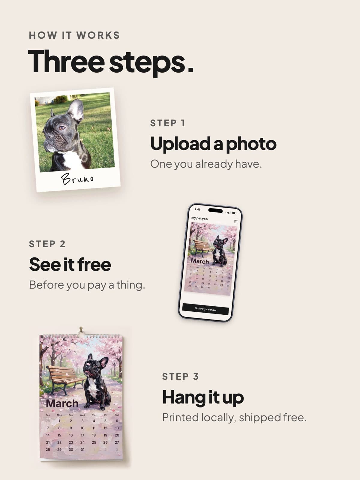 How it works: a photo of a French bulldog, the free preview on a phone, and the painted calendar hanging up