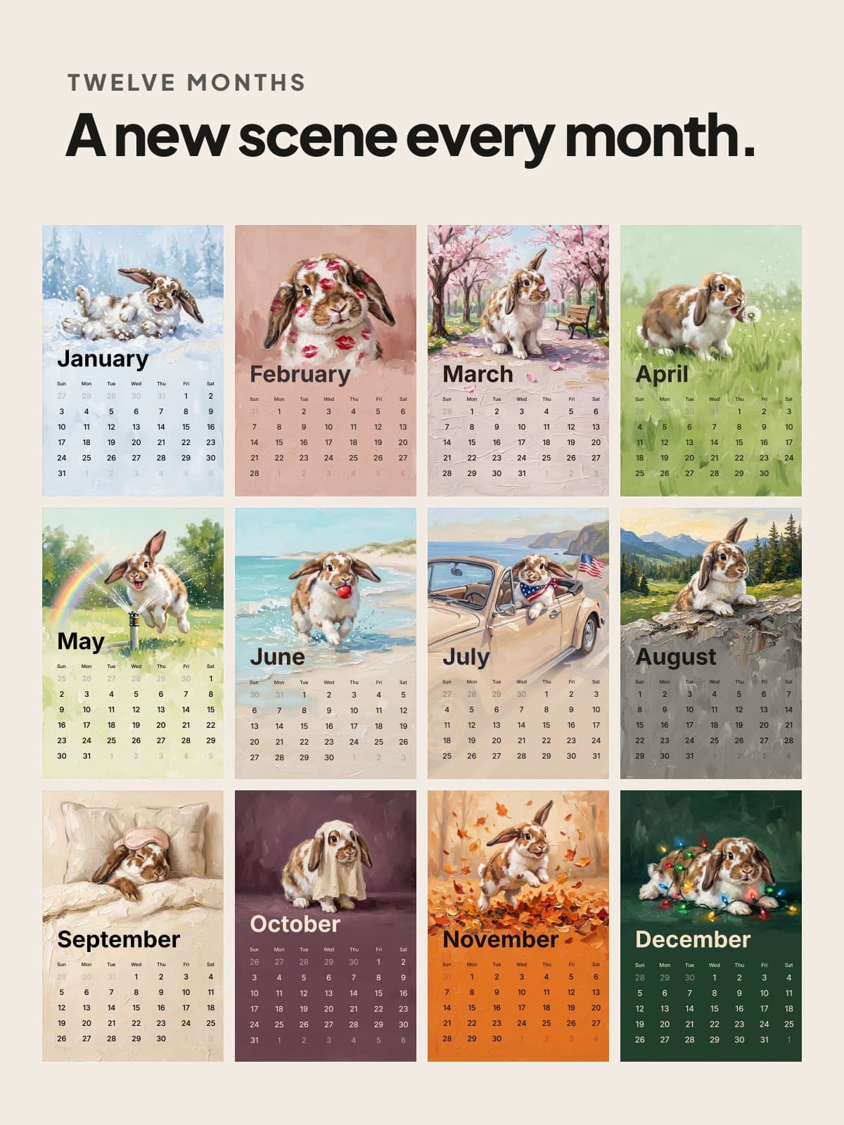 Twelve painted calendar pages of a rabbit, a new scene every month