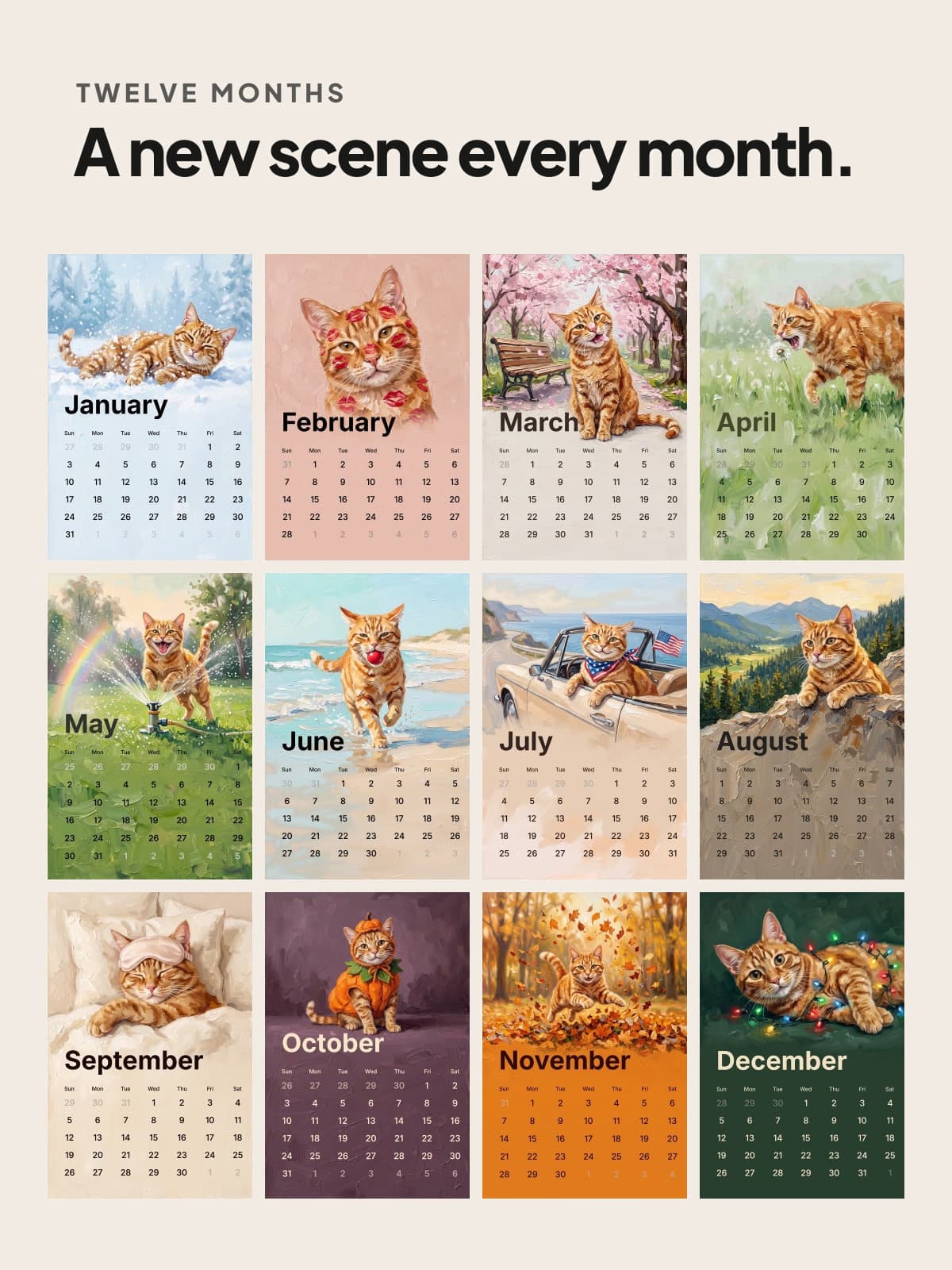 Twelve painted calendar pages of a ginger cat, a new scene every month