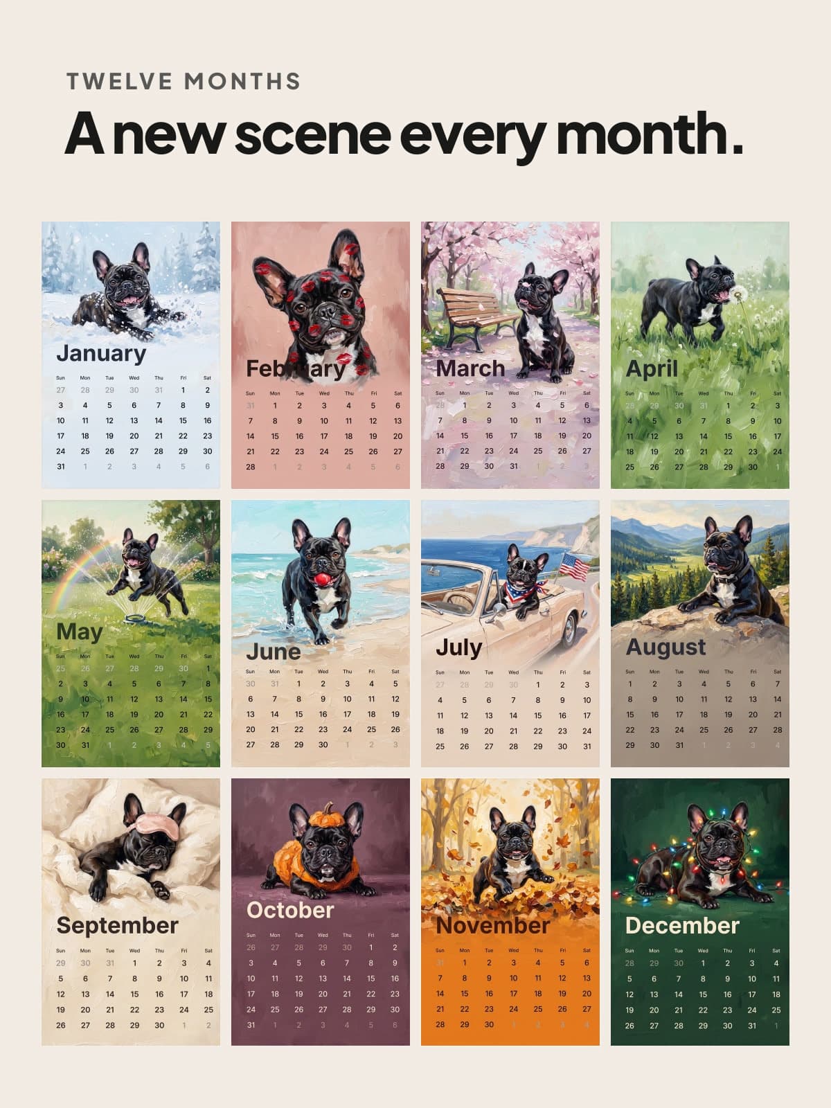 Twelve painted calendar pages of a French bulldog, a new scene every month