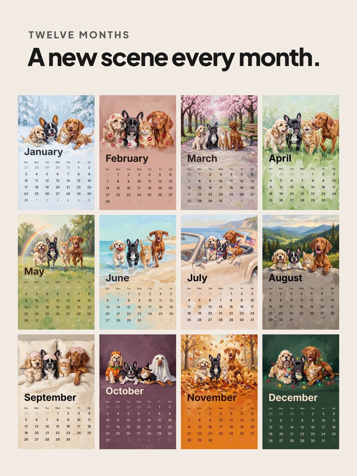 Twelve painted calendar pages of three dogs and a cat, a new scene every month