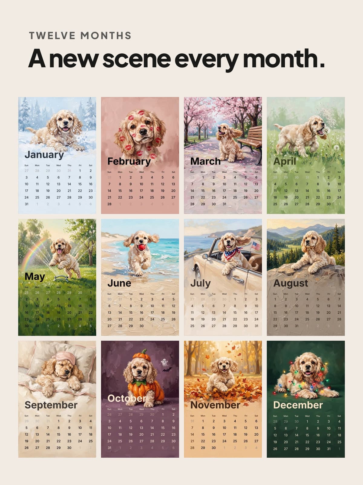 Twelve painted calendar pages of a cocker spaniel, a new scene every month