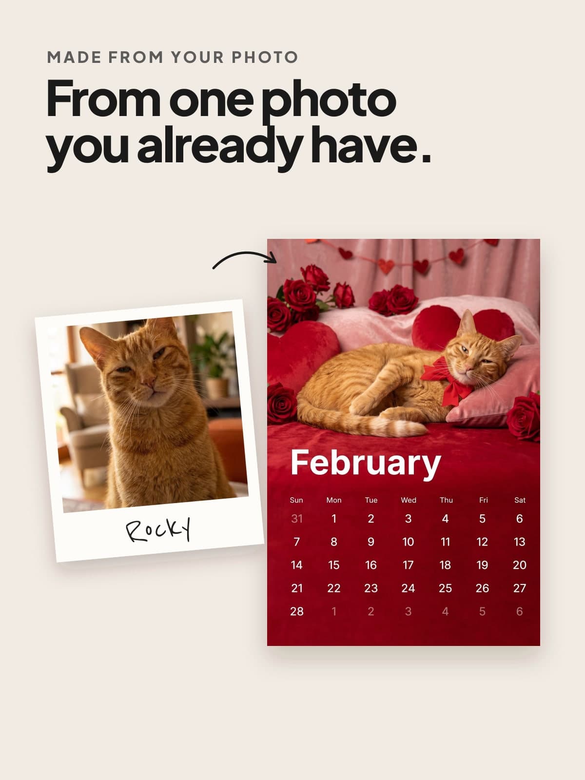 A photo of a ginger cat beside the calendar page made from it
