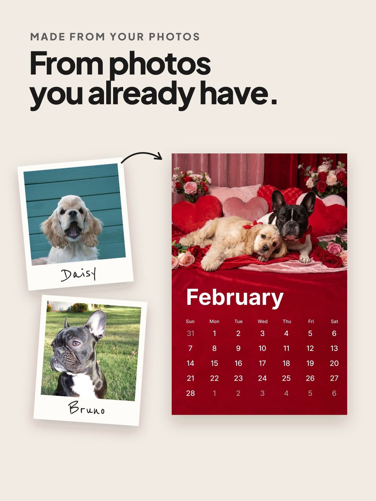 A photo of a French bulldog and a cocker spaniel beside the calendar page made from it
