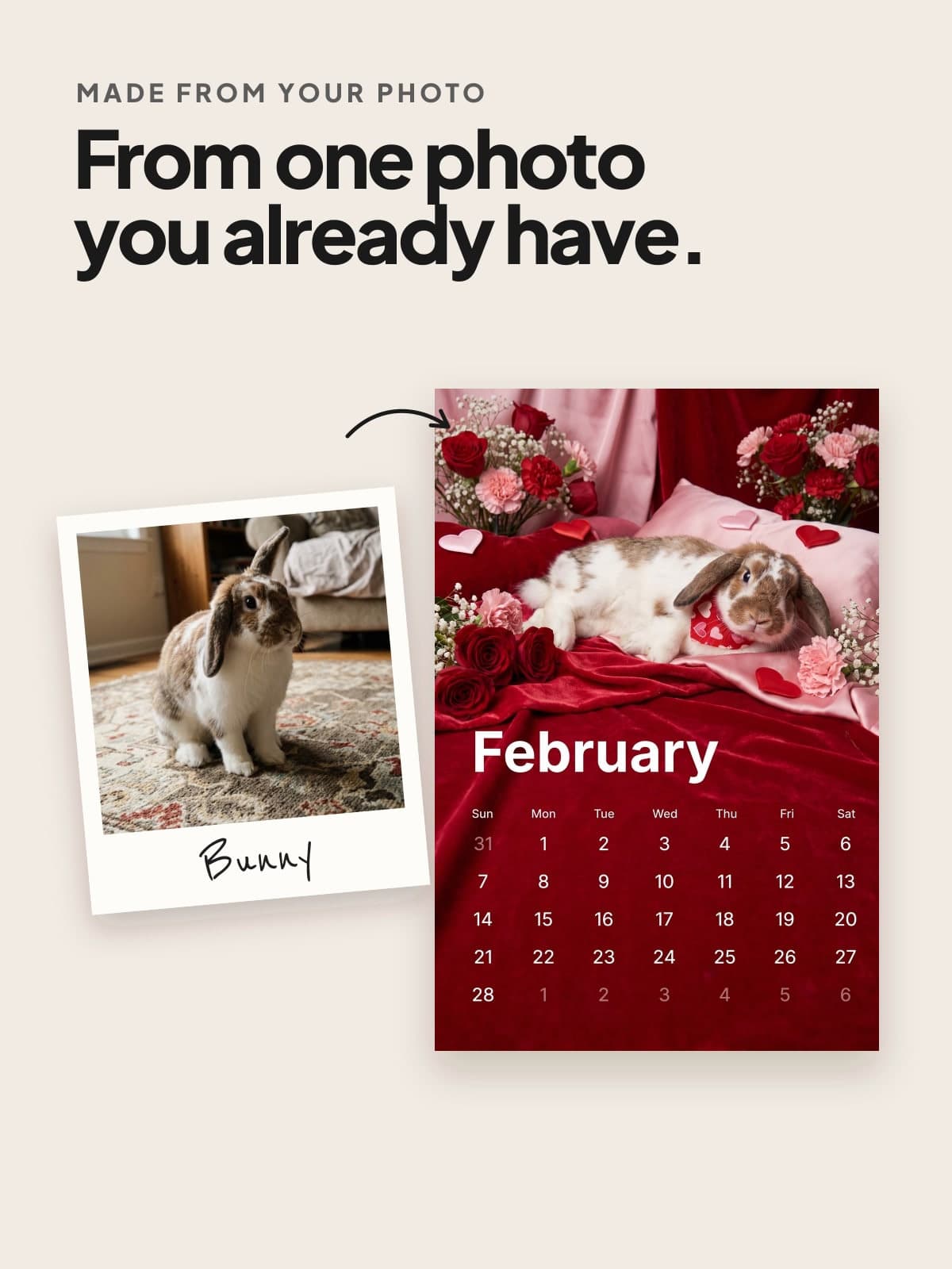 A photo of a lop-eared rabbit beside the calendar page made from it
