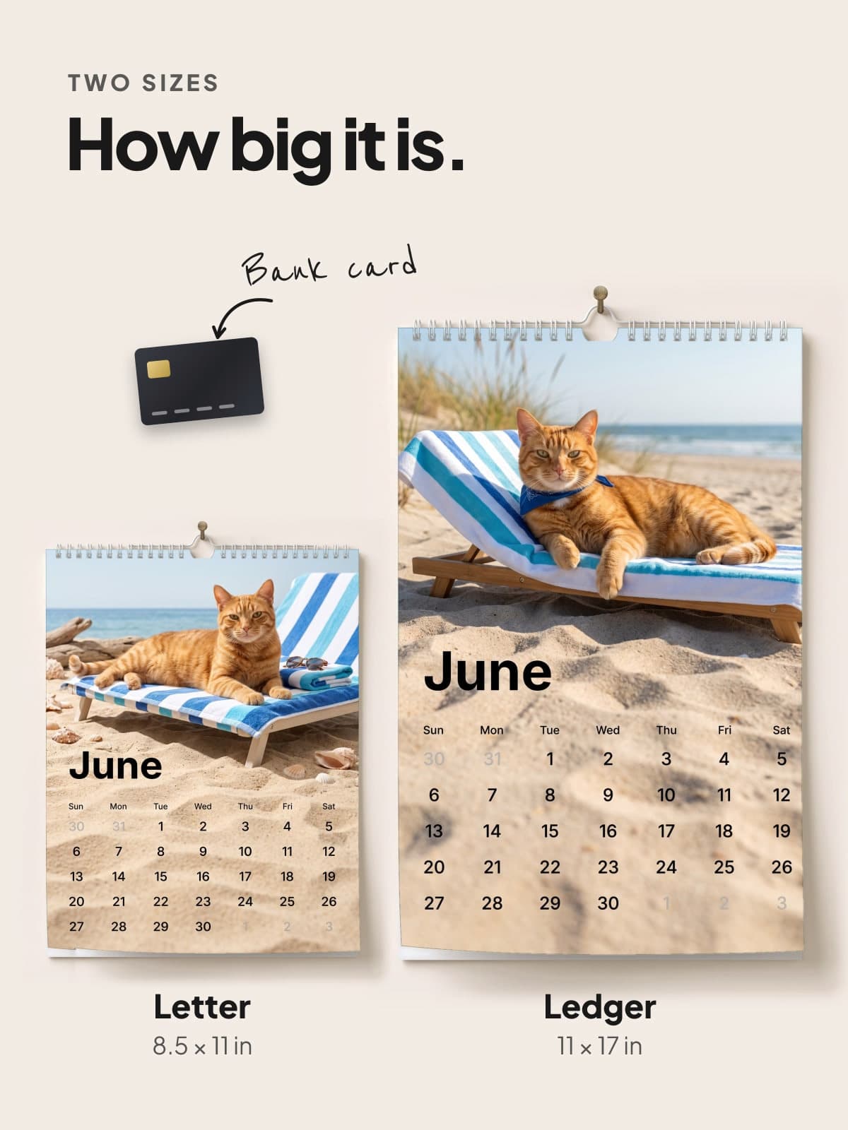 The Letter and Ledger calendars side by side, to scale with a bank card